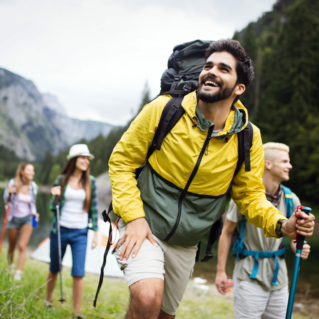 A group trekking through the mountains.