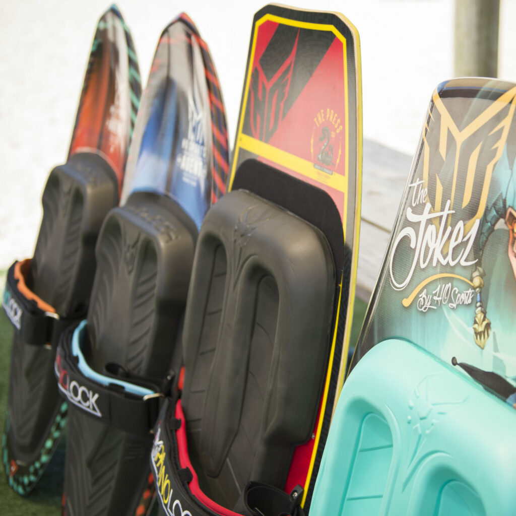 A few different HO Sports Kneeboards lined up in a row.