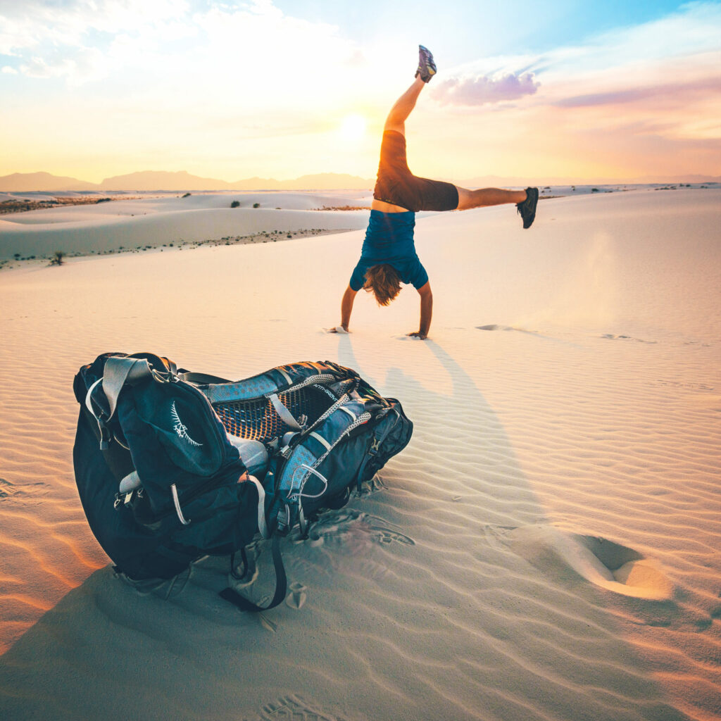 Osprey pack: Atmos AG  Josh Hamilton freaking out in White sands national monument at sunset