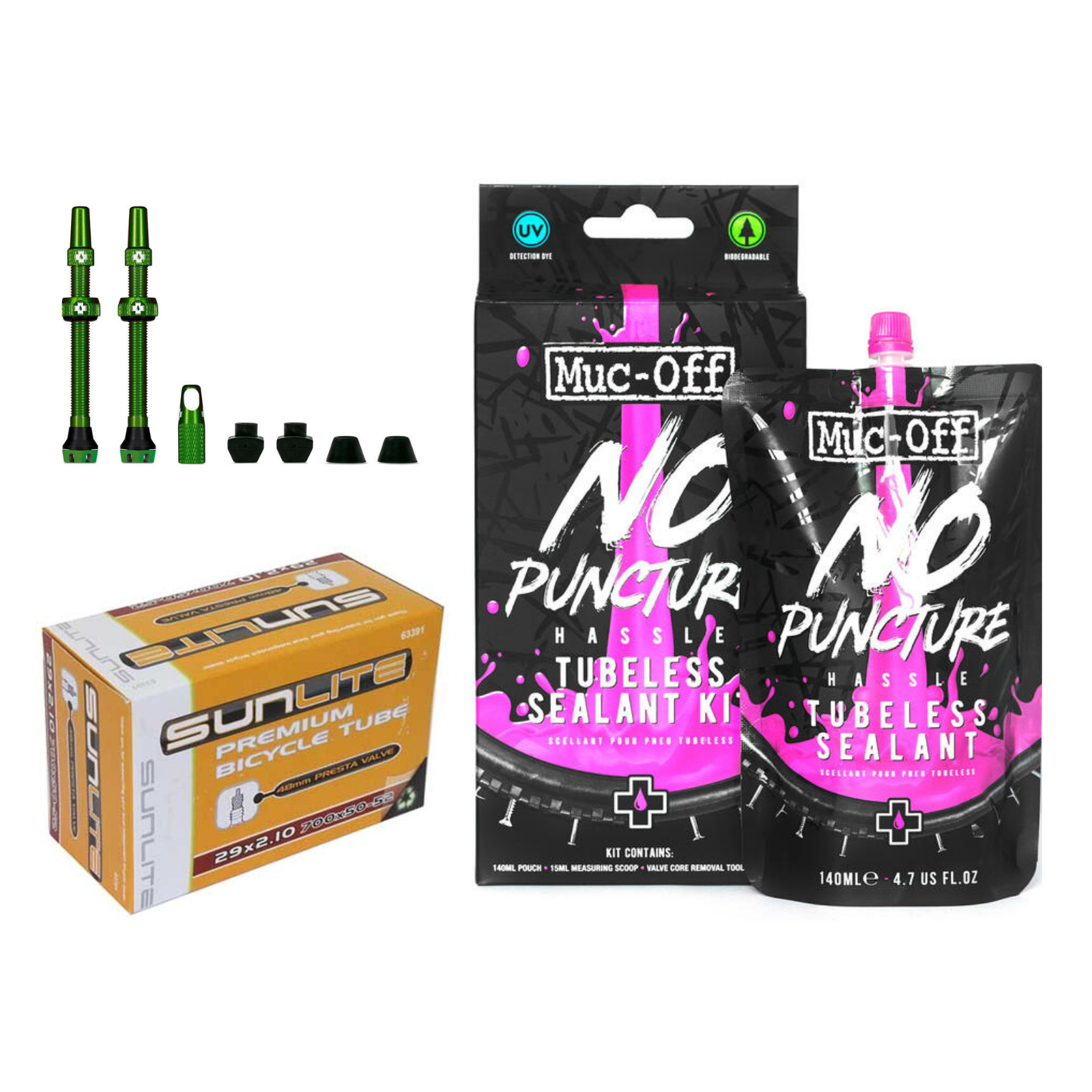 Recommended tubes, tubeless sealant, and tubeless valve stem products.