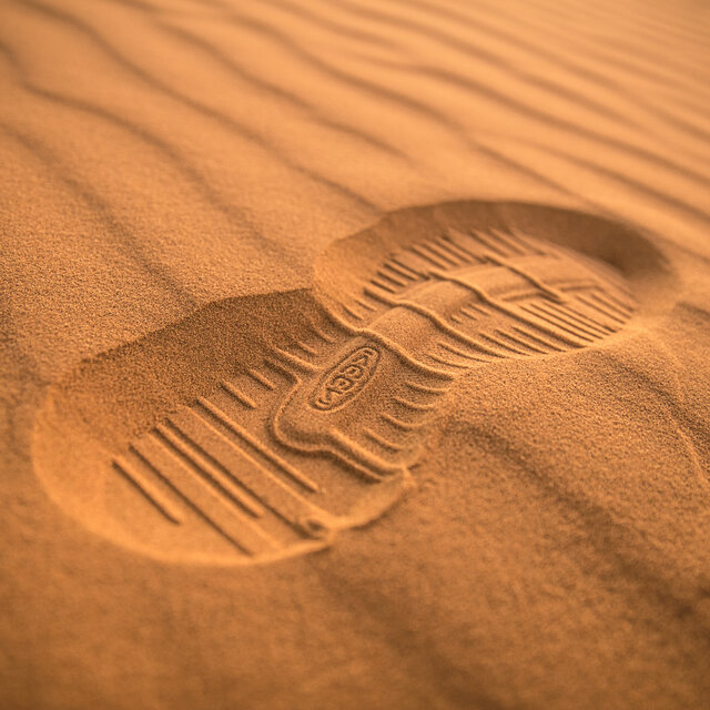 Boot-print of a Keen Hiking Boot in the sand.