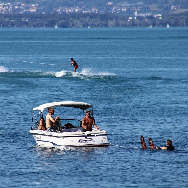 Getting ready to do a two-foot start on water skis.