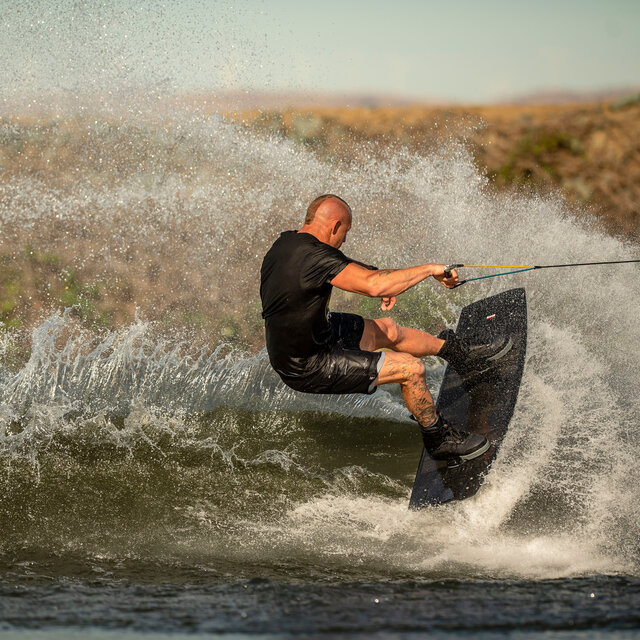 Moving to the edge of the wake on a Hyperlite Wakeboard.