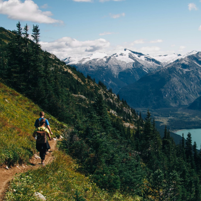 Three backpackers hiking along a gentle mountain trail.
