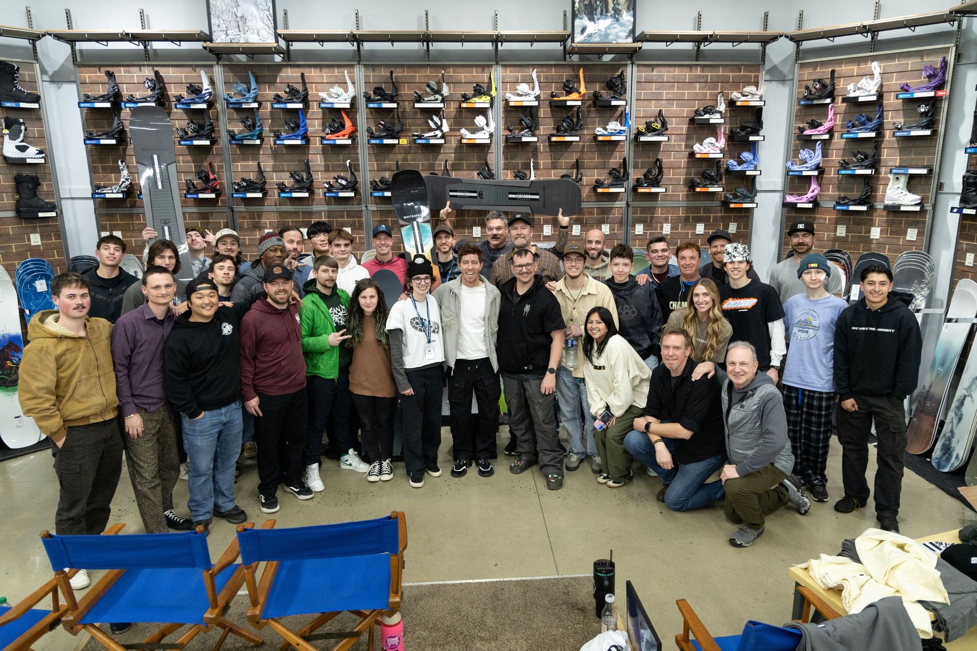 Group photo at the Whitespace clinic at Sun & Ski Sports where Shaun White introduced the Whitespace brand to our Outdoor Experts.