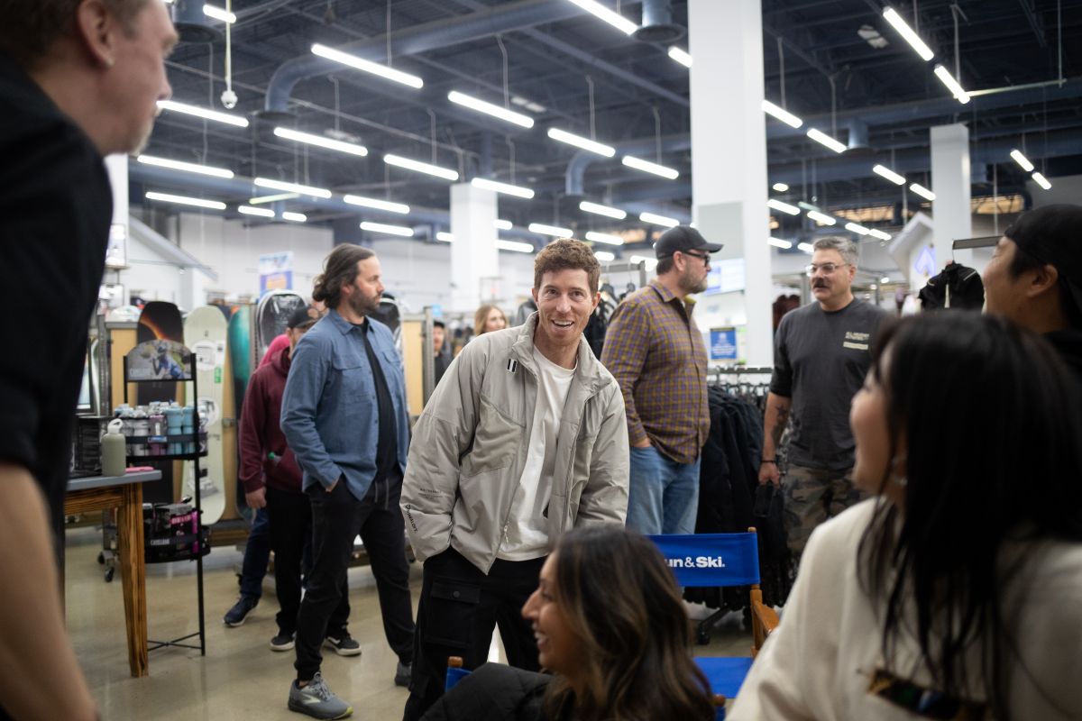 Snowboarding legend, Shaun White, at Sun & Ski Sports, chatting with our Outdoor Experts.