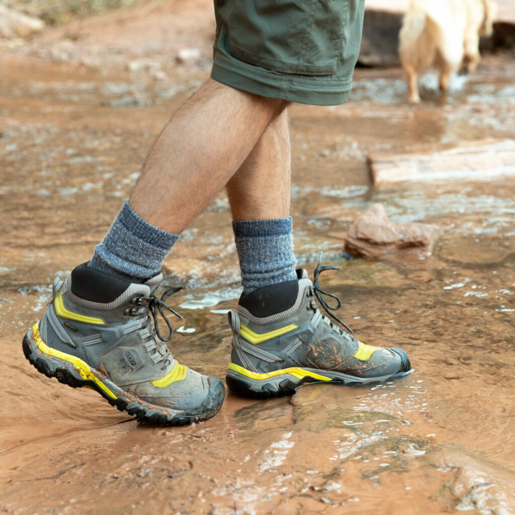 A pair of hiking shoes in the water on a trail.