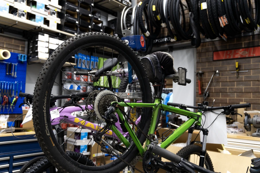 A bike being repaired at Sun & Ski Sports