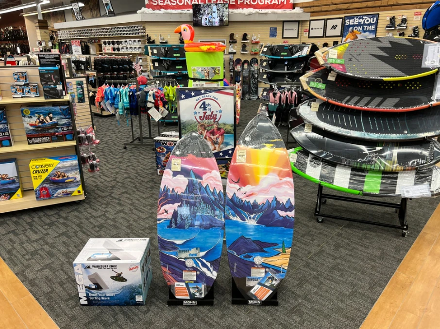 Water sports equipment on display at Sun & Ski Sports