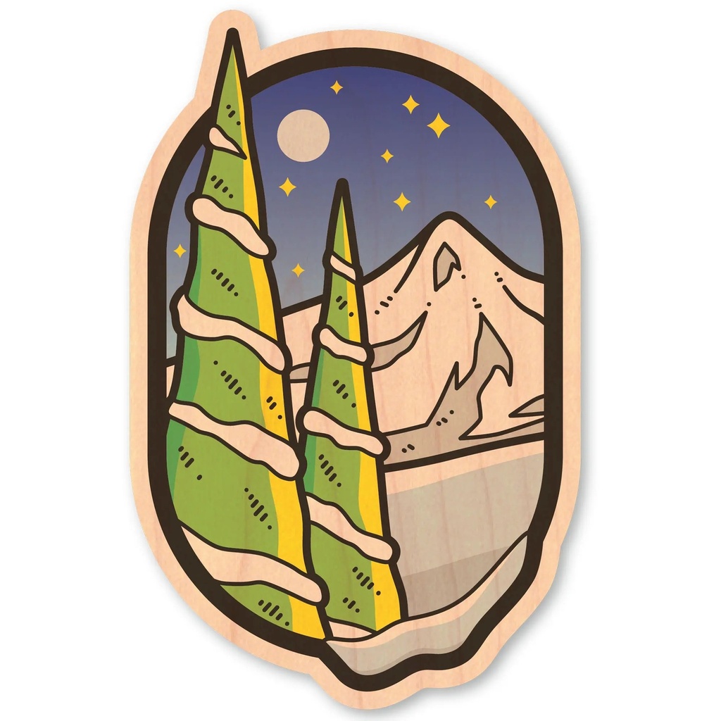 [000221786000000] Dust City Wood Sticker Oval Trees and Peaks Wood Sticker