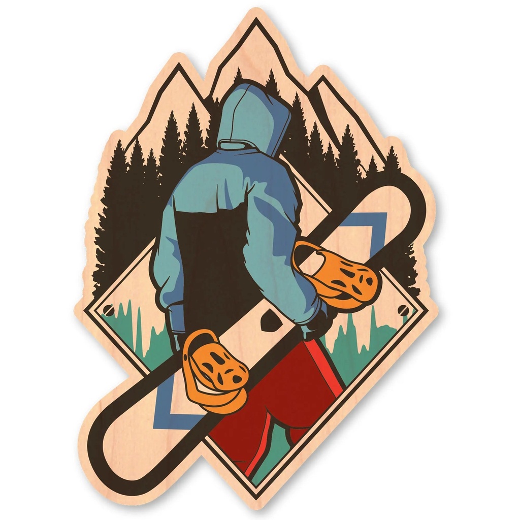 [000221787000000] Dust City Wood Sticker Snowboarder with Peaks Wood Sticker