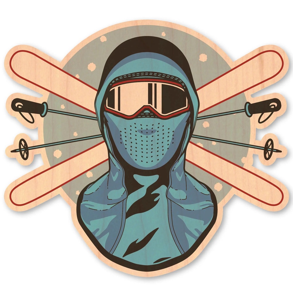 [000221788000000] Dust City Wood Sticker Skier Face with X Skis Wood Sticker