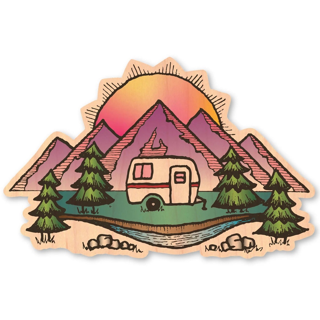 [000221797000000] Dust City Wood Sticker Camper with Sunset Scene Wood Sticker