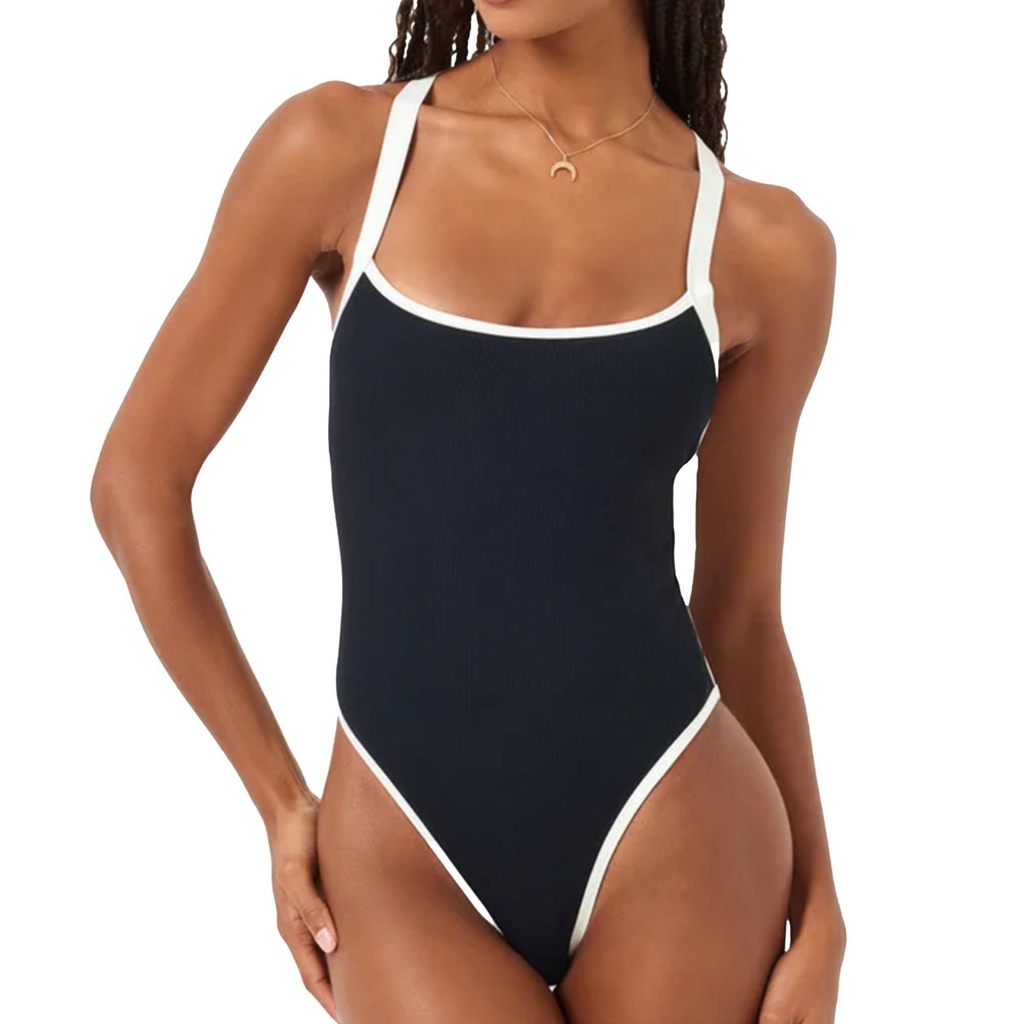 [000141766000000] L*Space Women's Baewatch Rib Classic One-Piece Swimsuit (Black/Cream, XS)