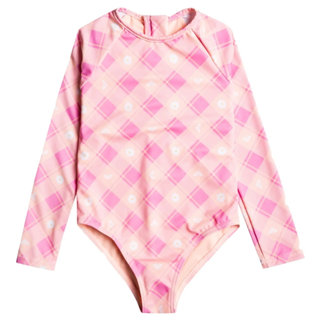ROXY Girls Flower Plaid Onesie Long Sleeve One Piece Swimsuit