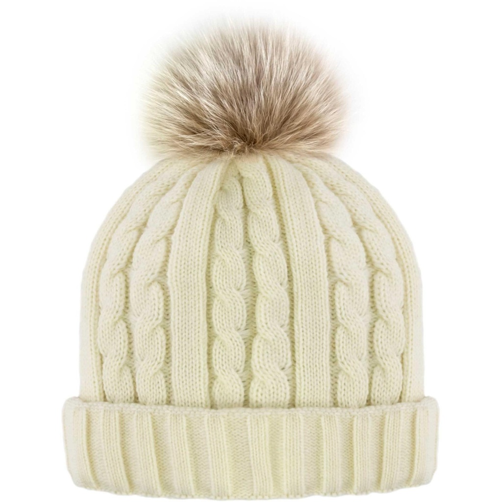 Mitchie's Matchings Women's Cable Knit Fleeced Line Fur Pom Beanie