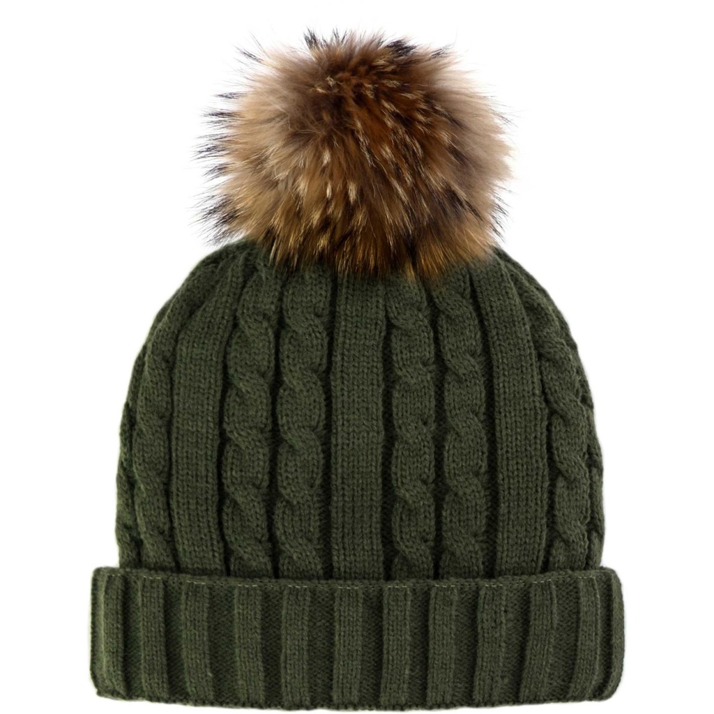 Mitchie's Matchings Women's Cable Knit Fleeced Line Fur Pom Beanie