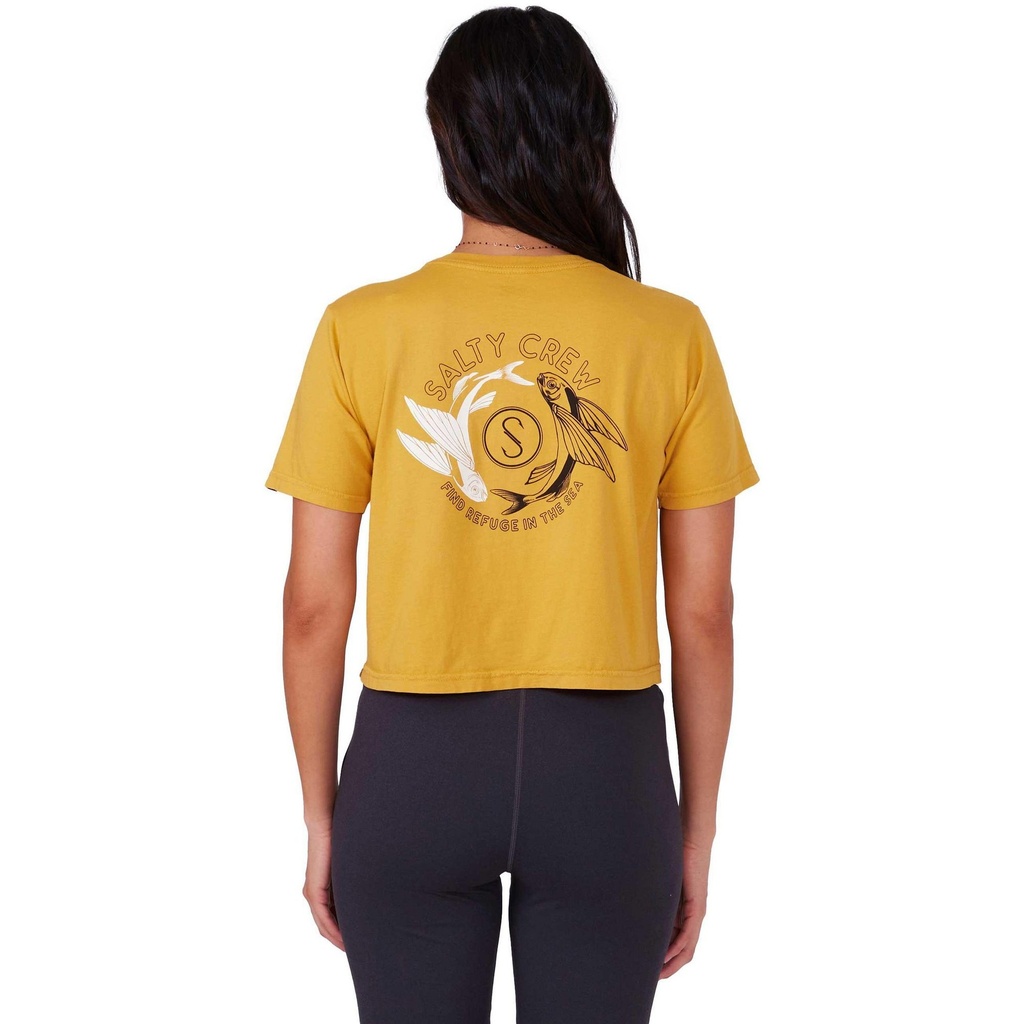 [000203516000000] Salty Crew Women's Fin and Yang Crop Short Sleeve T Shirt (Baked Yellow, S)