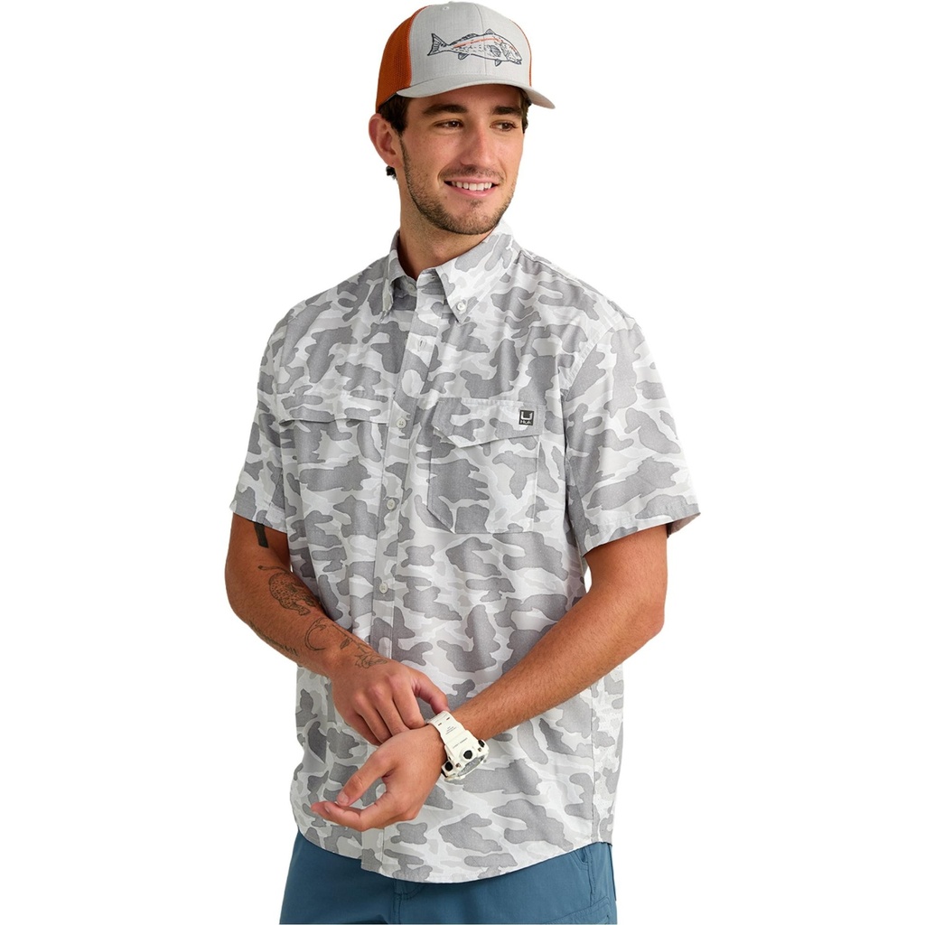 [000209009000022] Huk Men's Tide Point Short Sleeve Button Down Shirt (Cerulean, S)