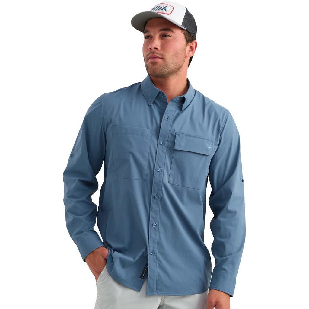 [000209637000000] Huk Men's Icon Button-Down Long Sleeve Shirt (Stormy Blue, S)