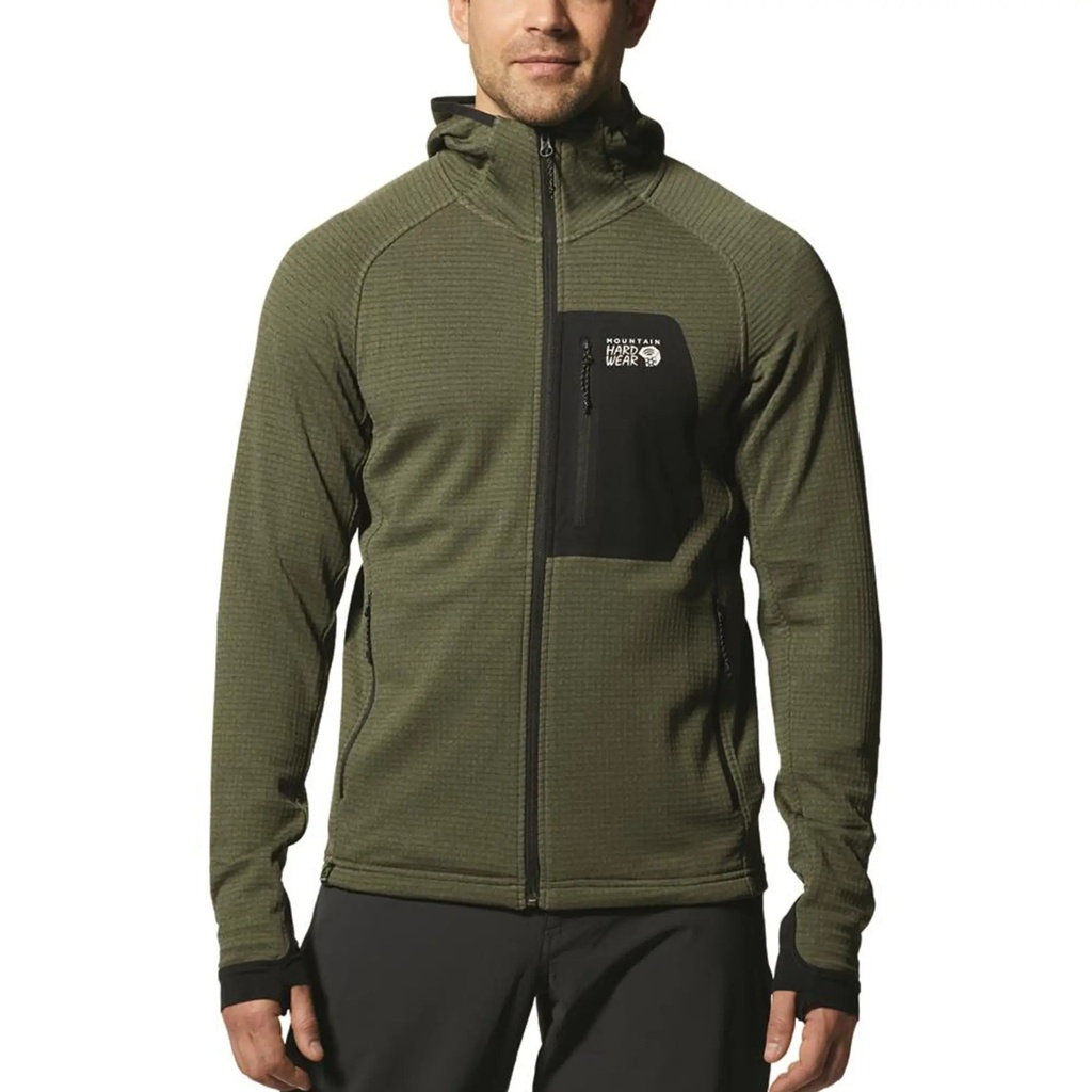 [000213417000000] Mountain Hardwear Men's Polartec Power Grid Full Zip Hooded Jacket (Surplus Green Heather, S)