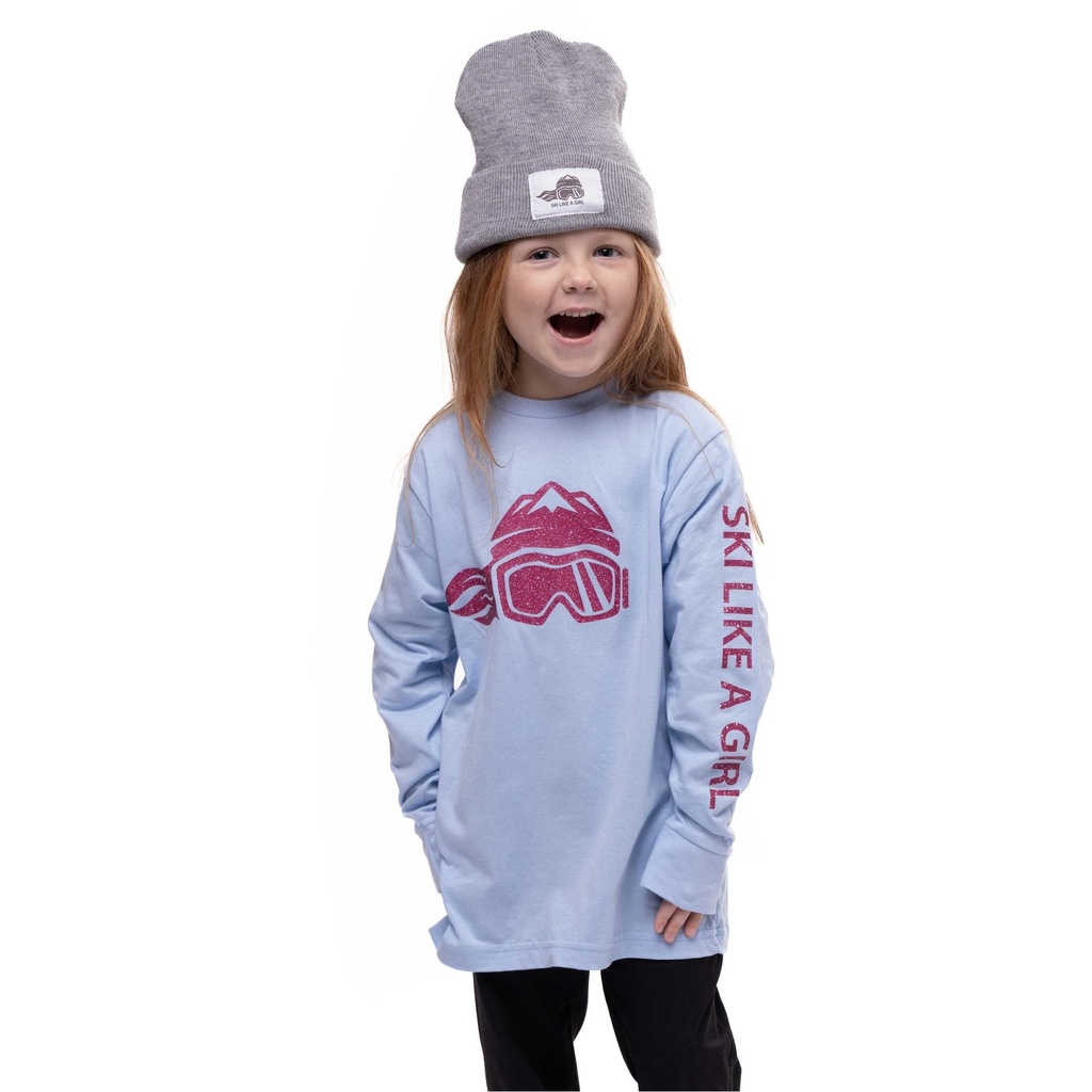 [000213769000000] Ski Like A Girl Girls' Light Blue Pink Glitter LS T Shirt (XS)