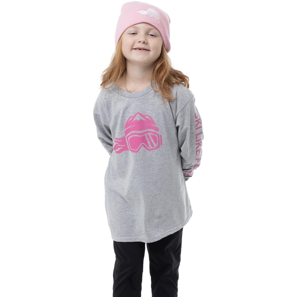 Ski Like A Girl Girls' Grey Pink Logo Long Sleeve T-Shirt