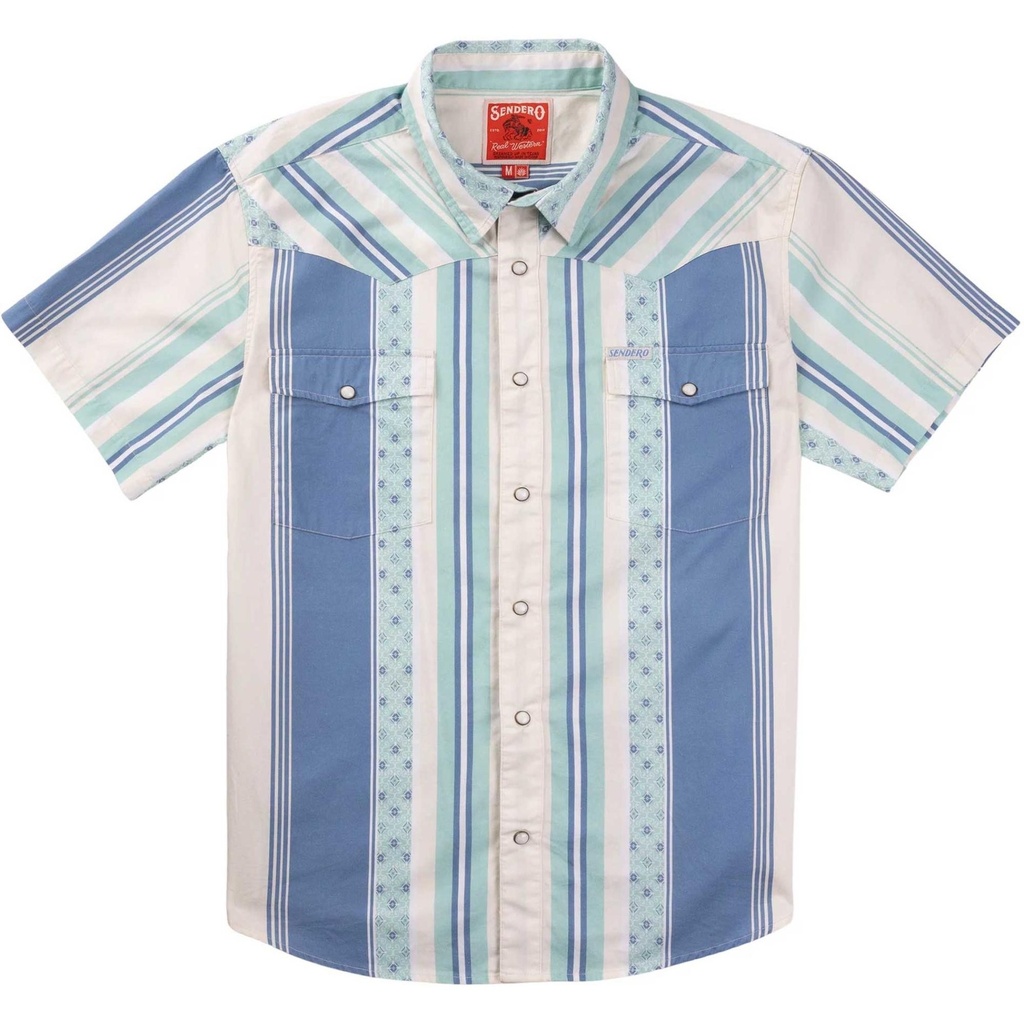 [000230006000000] Sendero Men's Serape Pearl Snap Short Sleeve Shirt (Navy Stripe, S)
